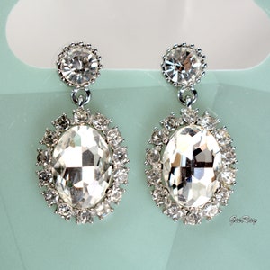 Vintage Crystal Diamante Statement Earrings Silver Tone, Large Crystal Cabochon