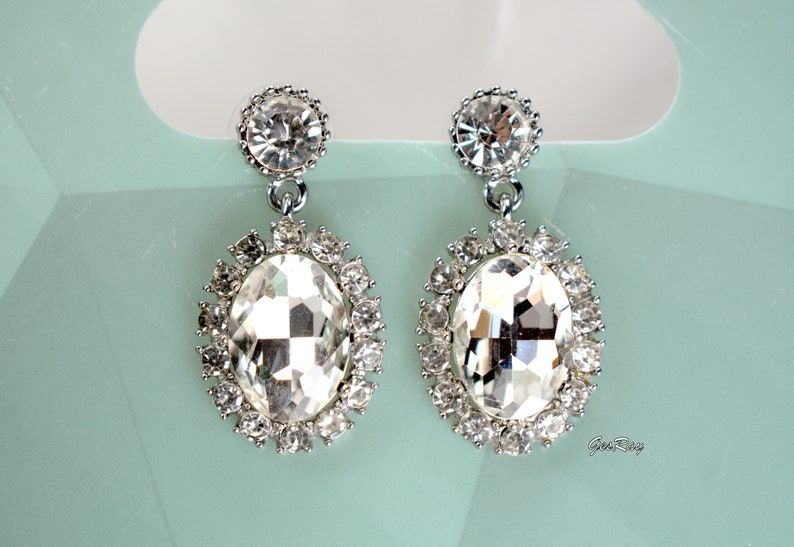 Vintage Crystal Diamante Statement Earrings Silver Tone, Large Crystal Cabochon