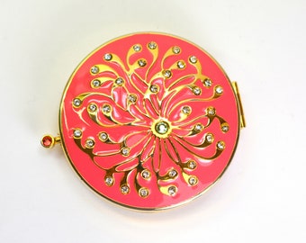 Vintage Estee Lauder Lucidity Powder Compact Peach Enamel Gold Flower Swarovski Crystals