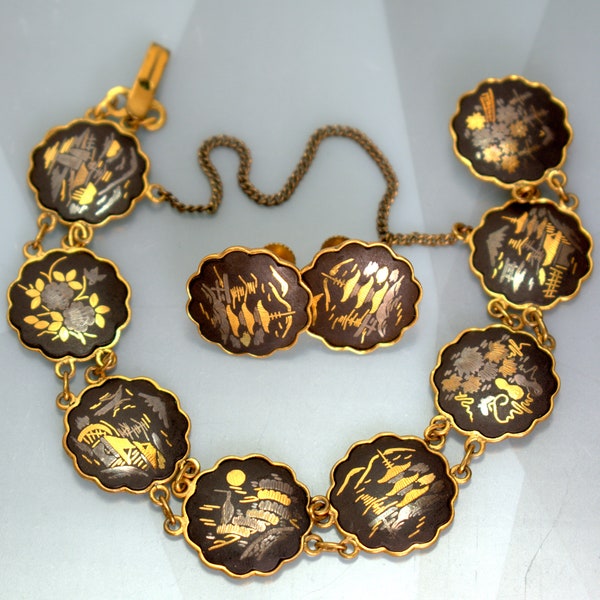Japanese Damascene Amita Shakudo Jewelry Bracelet Earrings Gold Inlay 1950's Jewelry Set