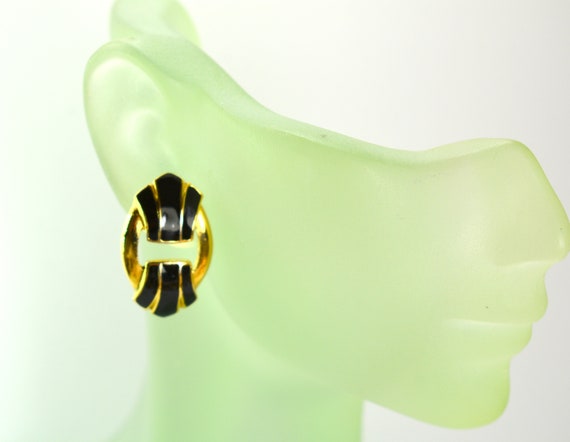 Statement Crown Trifari Earrings Black Enamel Gol… - image 1