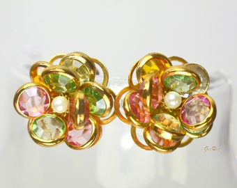 Swarovski Vintage Stud Earrings Bezel Set Crystal Cluster Flower