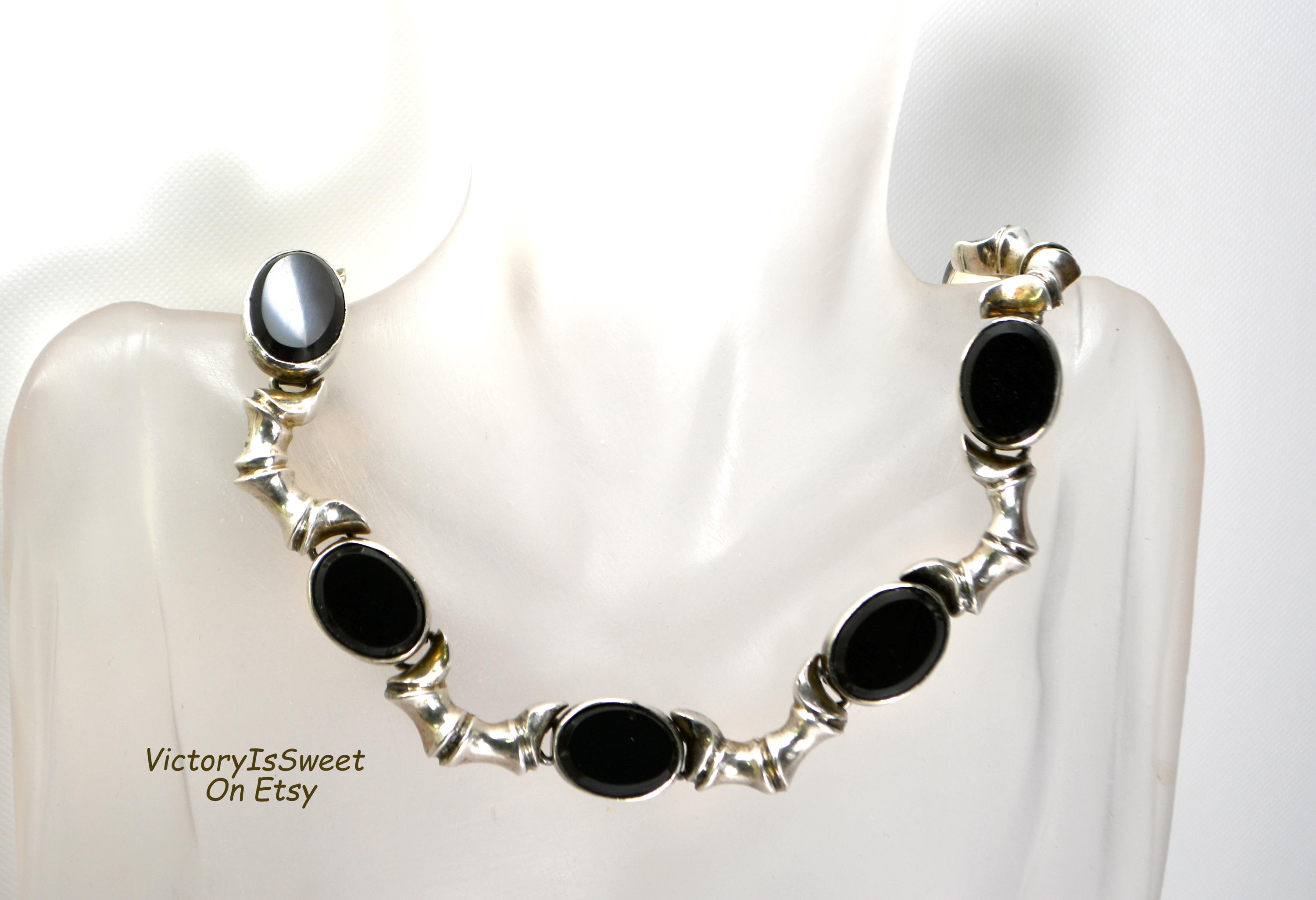 Modern Mexican Sterling Silver 925 JCC TL-64 Onyx Link Collar