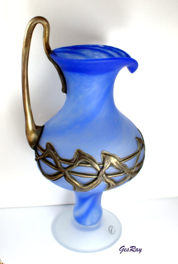 Filip Ravert Art Glass Vase: Blue Fluted Pitcher With Bronze