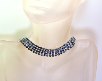 Vintage Blue Clear Crystal Rhinestone Choker Collar Necklace, Unsigned Weiss, Rhinestone Collar Necklace, Art Deco Hollywood Regency