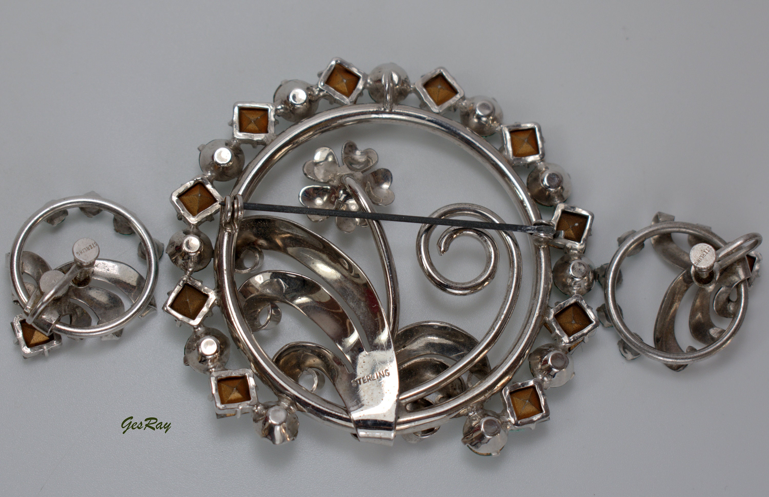 Retro Sterling Silver Jewelry Set, Brooch and Earrings