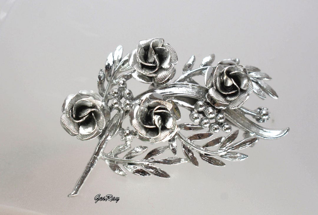 バラの花束ブローチピン シルバーフラワー ヴィンテージ コロ