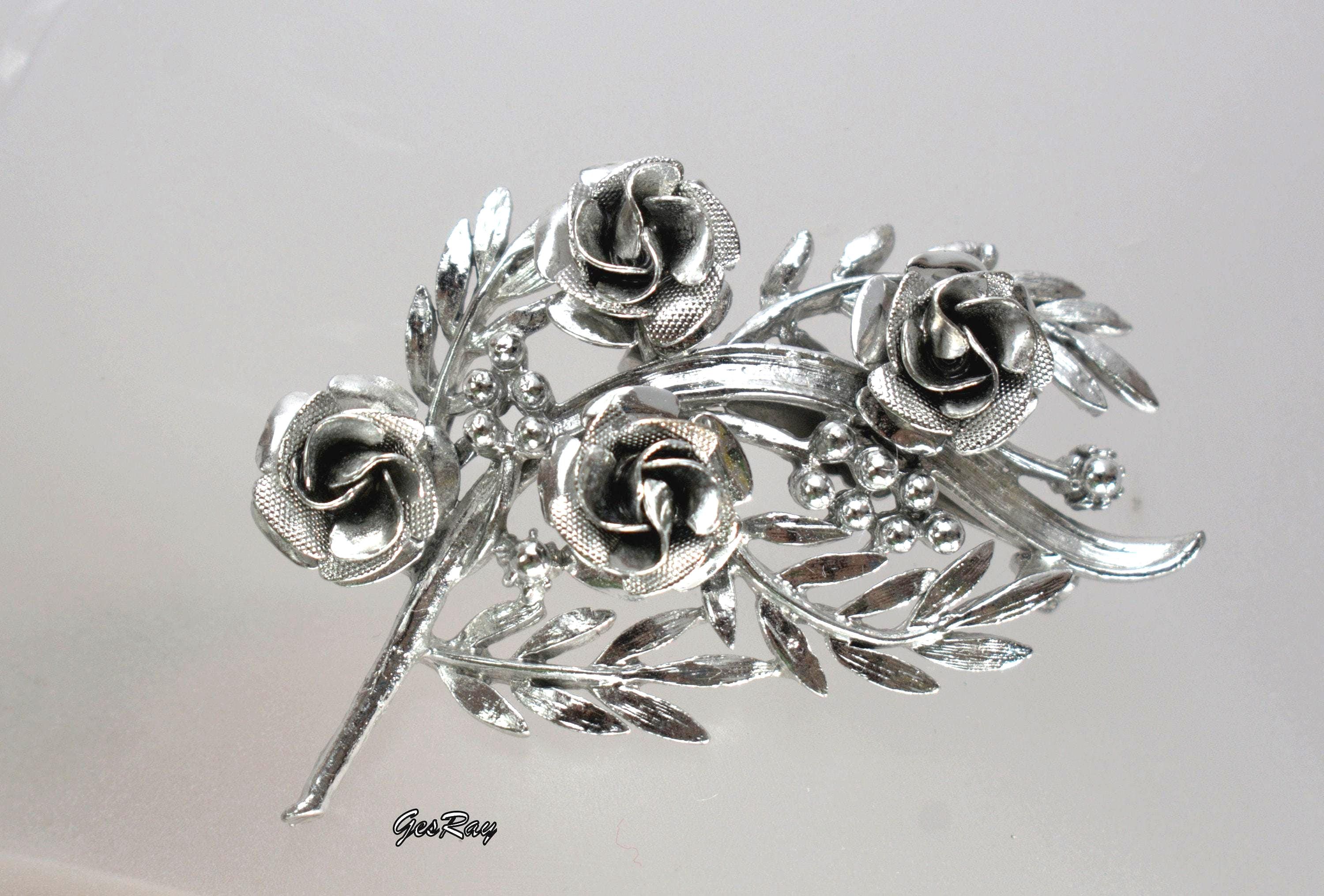 バラの花束ブローチピン シルバーフラワー ヴィンテージ コロ