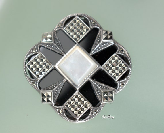 Art Deco Sterling Silver Onyx Brooch Pin Marcasit… - image 5