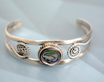 Vintage Mexico Alpaca Cuff Bracelet Abalone