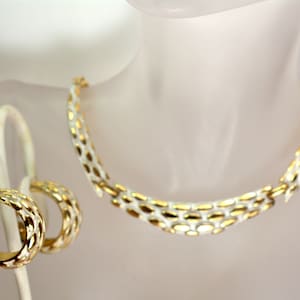 Vintage Statement Jewelry Set - Collar Necklace and Earrings, White Enamel Link Panel