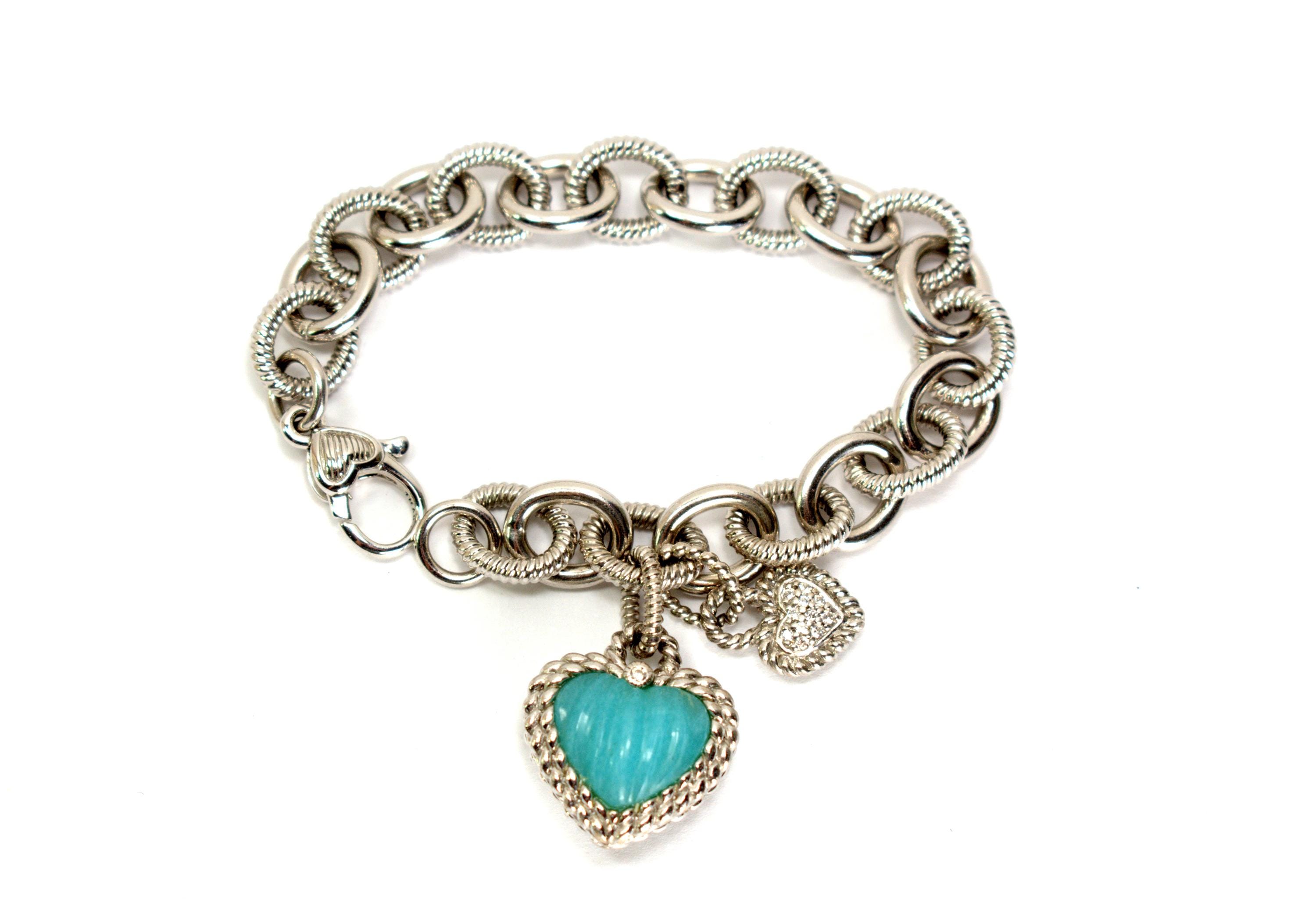 Judith Ripka Bracelet Two Heart Charms Carved Heart Green Chalcedony Etsy