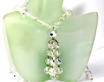 Austrian Crystal Antique Art Deco Tassel Necklace Faceted AB Iris Czech