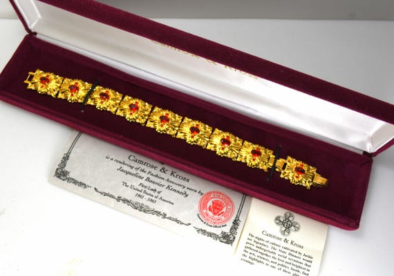 Camrose and Kross Jacqueline Kennedy Bracelet JBK Faux Ruby Crystals Gold Tone