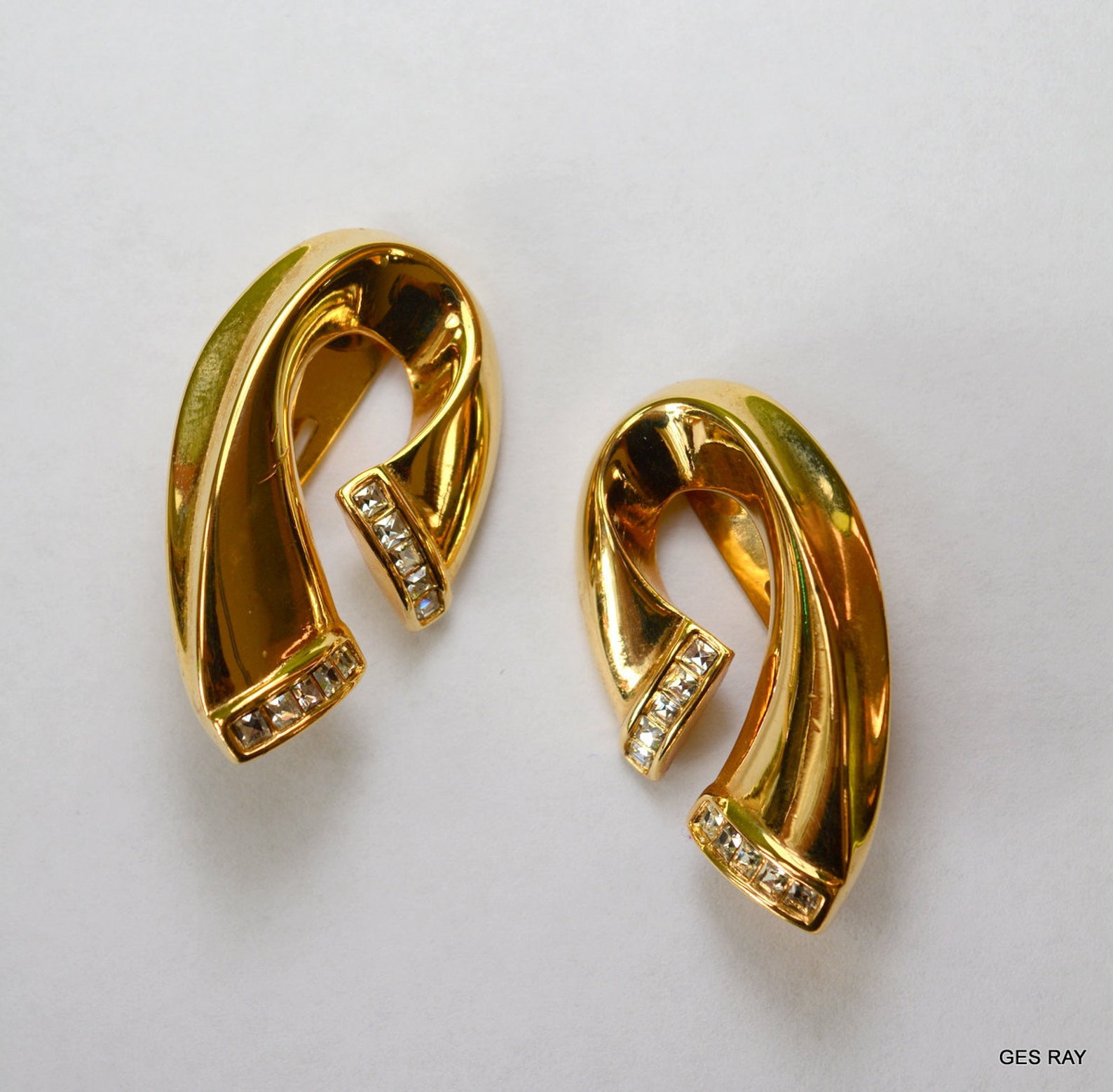 Statement Designer Clip on Earrings Gold Tone Crystal Etsy