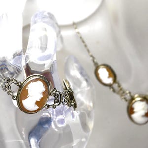 Antique Silver Cannetille Filigree Carved Shell Cameo Bracelet Necklace, Jewelry Set