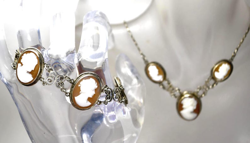 Antique Silver Cannetille Filigree Carved Shell Cameo Bracelet Necklace, Jewelry Set