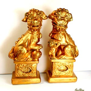 Gold Foo Dog Bookends: Vintage Feng Shui Decor