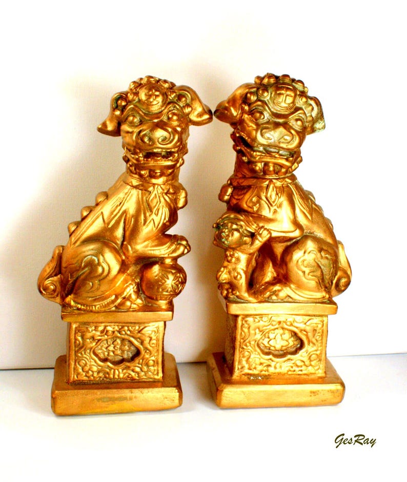 Gold Foo Dog Bookends: Vintage Feng Shui Decor