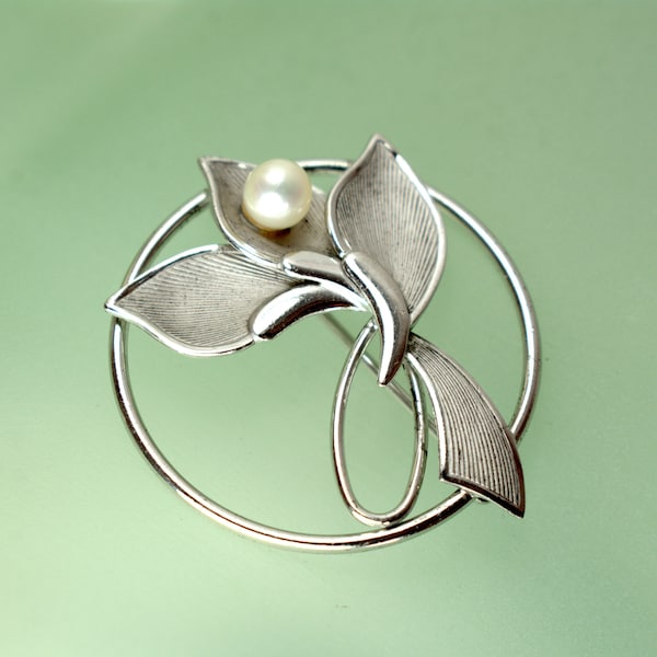 Vintage 925 Sterling Silver Brooch Pin Genuine Pearl, Curtis Creations CC Jewelry