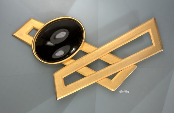 Mid Century Modern Brooch Pin Matte Gold Tone Bla… - image 2