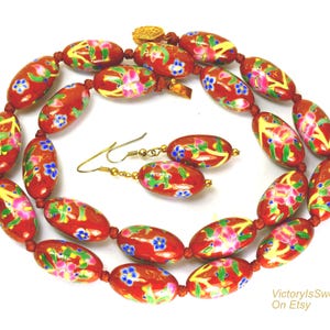 Vintage Chinese Export Porcelain Beaded Necklace and Earrings Brown Pink, Asian Oriental Jewelry