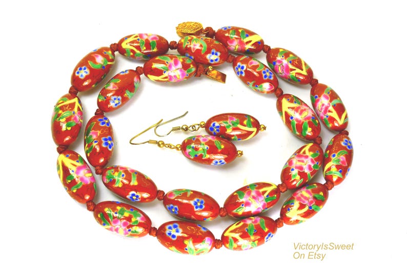Vintage Chinese Export Porcelain Beaded Necklace and Earrings Brown Pink, Asian Oriental Jewelry