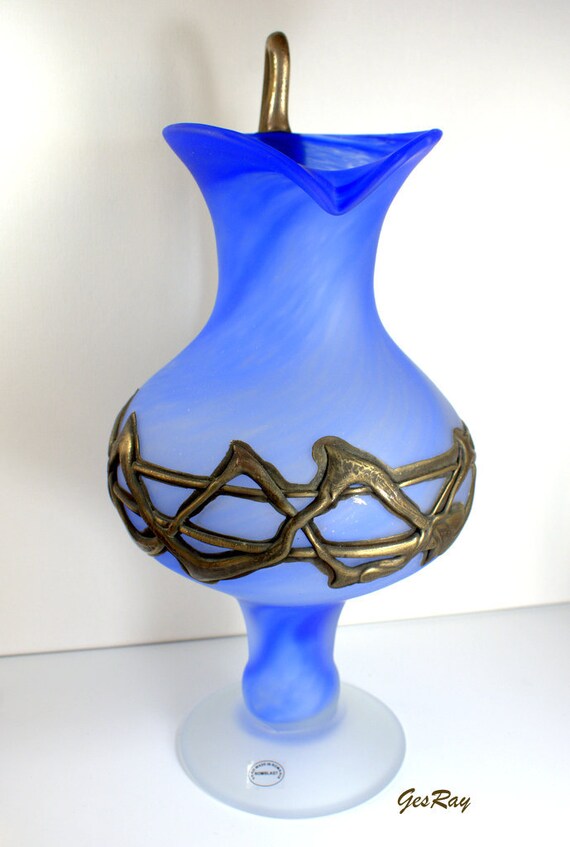 Filip Ravert Art Glass Vase: Blue Fluted Pitcher With Bronze