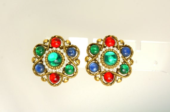 Corocraft Clip on Earrings Multi Gripoix Glass Ca… - image 1