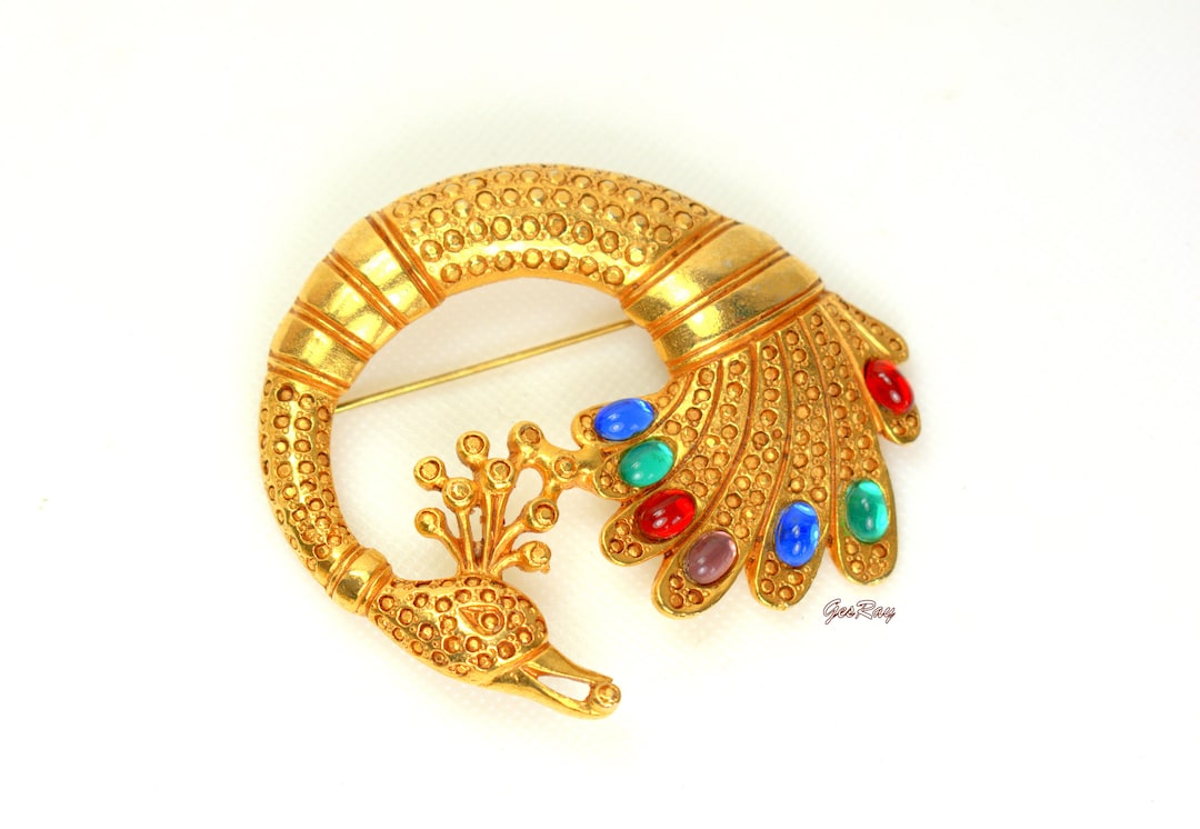 Statement Designer Peacock Brooch Pin Gold Plated Multi Color Etsy