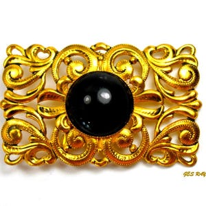 Victorian Revival Brooch Pin Bar Gold Filigree Black Cabochon