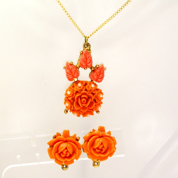 Vintage Carved Faux Coral Celluloid Roses Necklace and Earrings Set