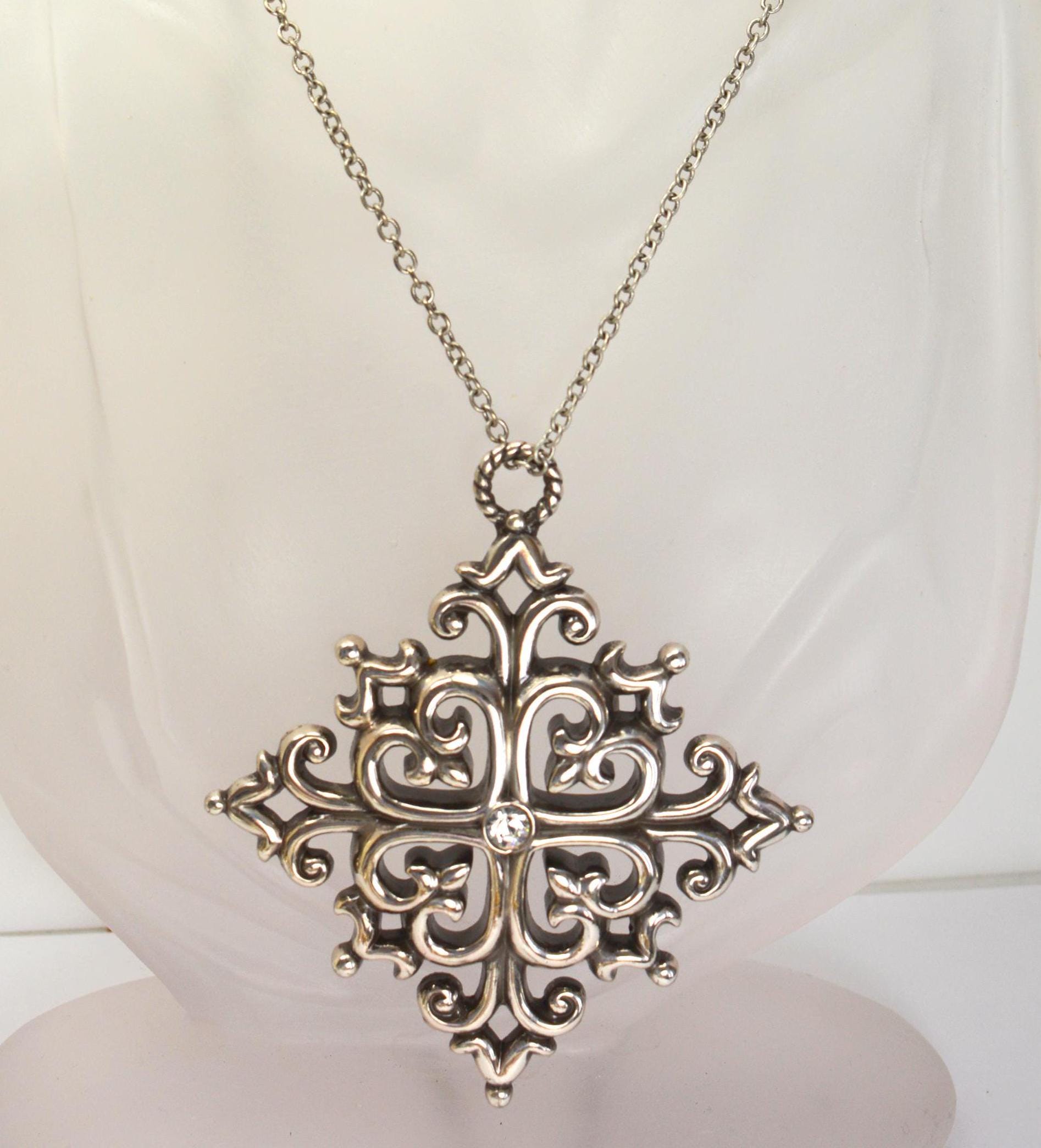 Brighton Jewelry Silver Filigree Pendant Large Abstact Cross