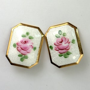 Art Deco Enamel Guilloche Pink Roses Earrings, Floral Earrings
