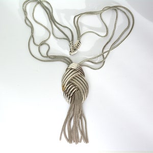 Retro Silver Tone Tassel Necklace, Dangle Chains Pendant, Statement Couture