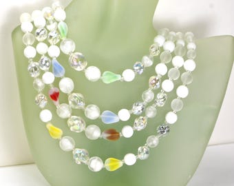 Vintage Tschechische Weiß Glas Perlen Halskette Multi-Layer Pastell Bunt