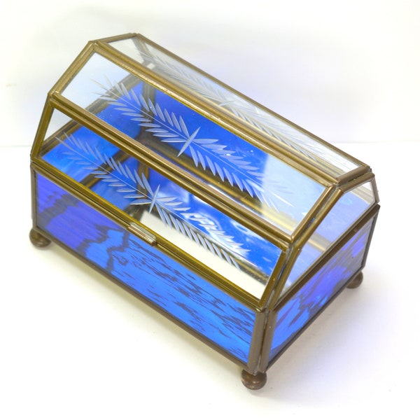 Stained Etched Glass Jewelry Box Trinket Hinged Lid, Vintage Cobalt Blue Glass Jewelry Casket