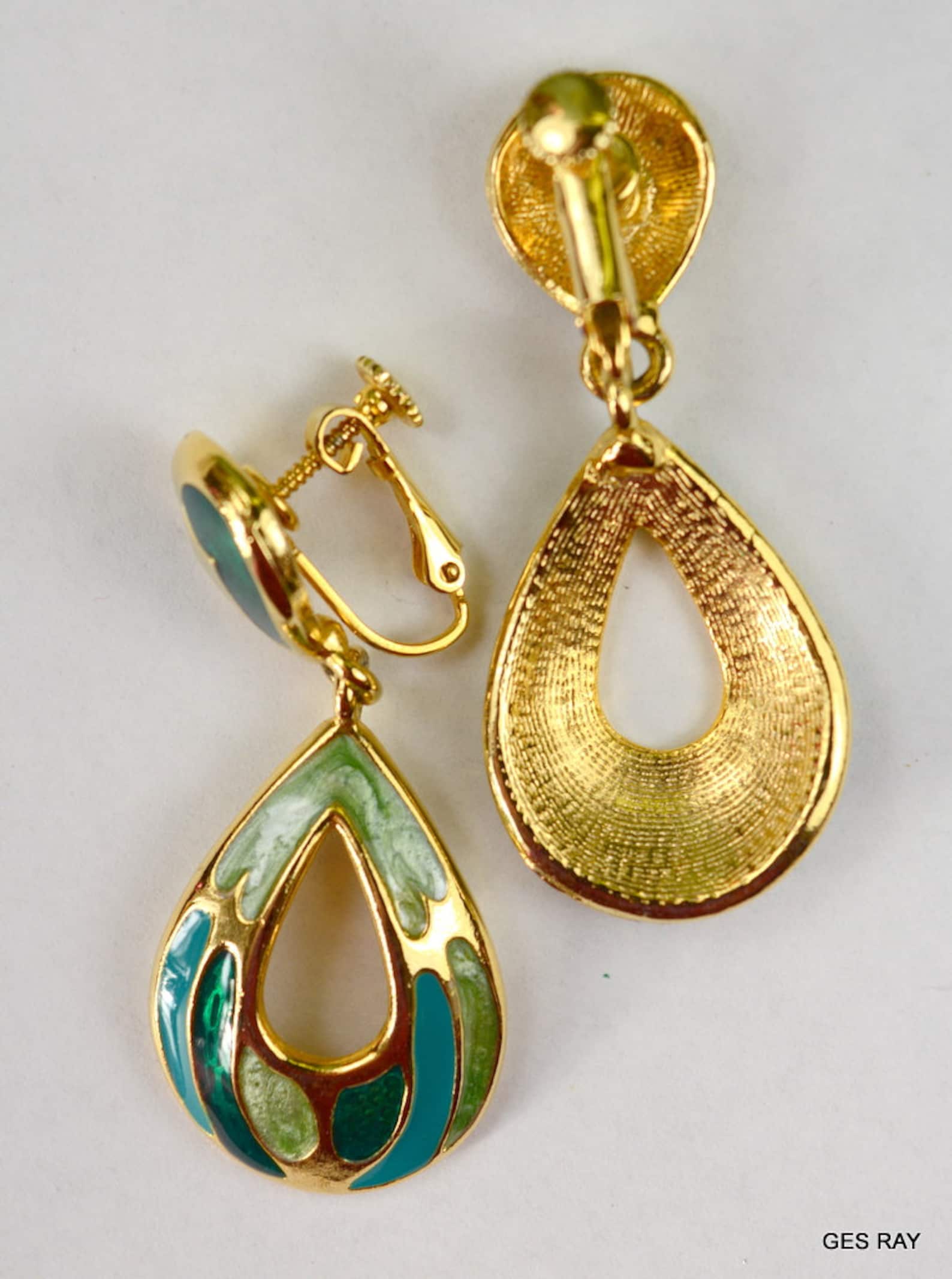 Edgar Berebi Pierced Earrings Drop Gold Tone Enamel Unsigned Etsy