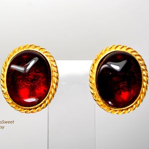 Statement Red Cabochon Earrings Clip on Gold Tone