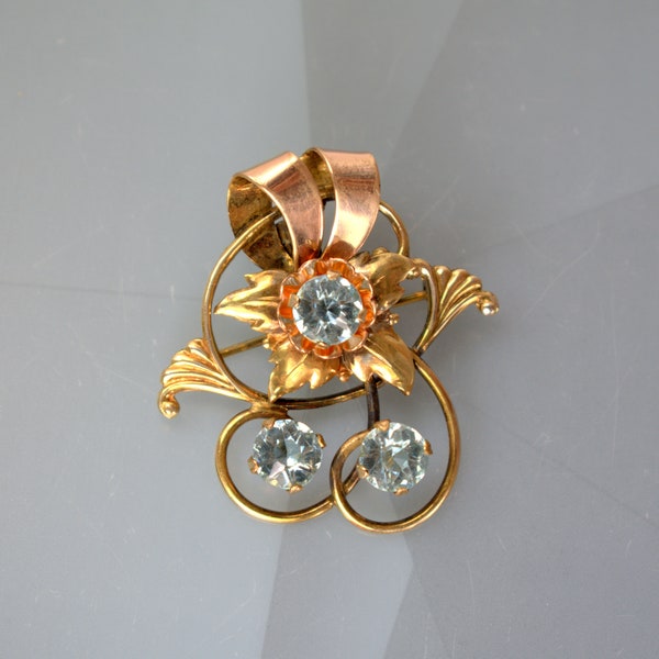 1940 Harry Iskin 1/20 12KGF Brooch Pin Pendant Aqua Blue Stones Bow Ribbons Flower Bouquet