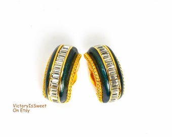 Pendientes de clip Swarovski firmados: cristales baguette vintage de esmalte negro