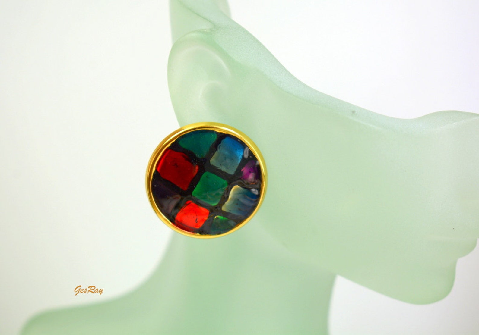 Button Style Pierced Earrings Enamel Earrings Red Green Etsy
