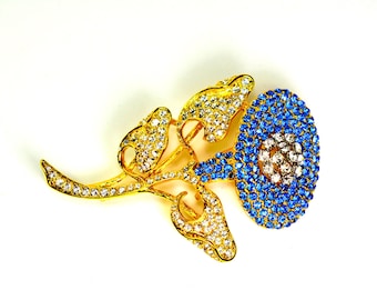 Camrose and Kross Jacqueline Kennedy JBK Gold Blue Sapphire Crystal Rhinestone Flower Brooch Pin