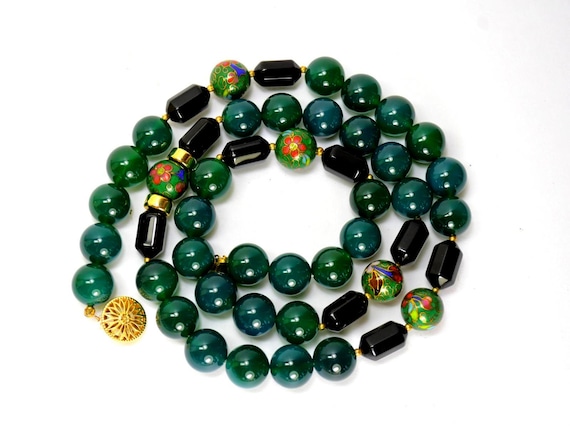 Vintage Chinese Export Jewelry Necklace, Cloisonne and Jade