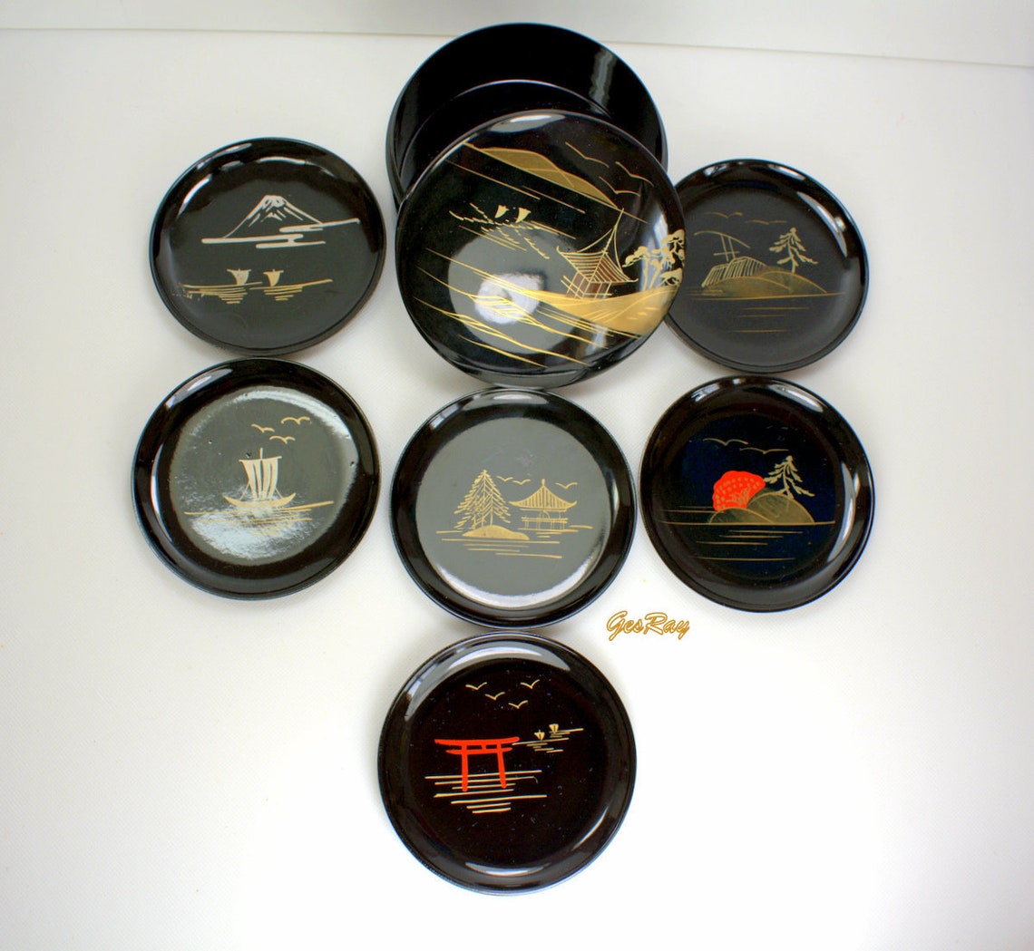 1950s Japanese Black Lacquer Coaster Set Hand Painted Set of 6 Etsy