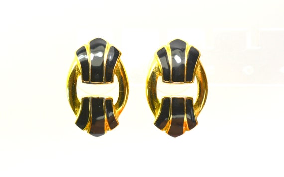 Statement Crown Trifari Earrings Black Enamel Gol… - image 2