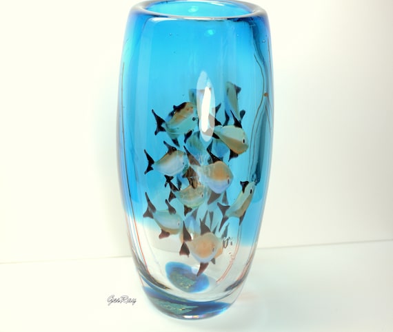 fluiten bespotten fout Vintage Murano Glass Aquarium Vase Teal Green Fishes by - Etsy België
