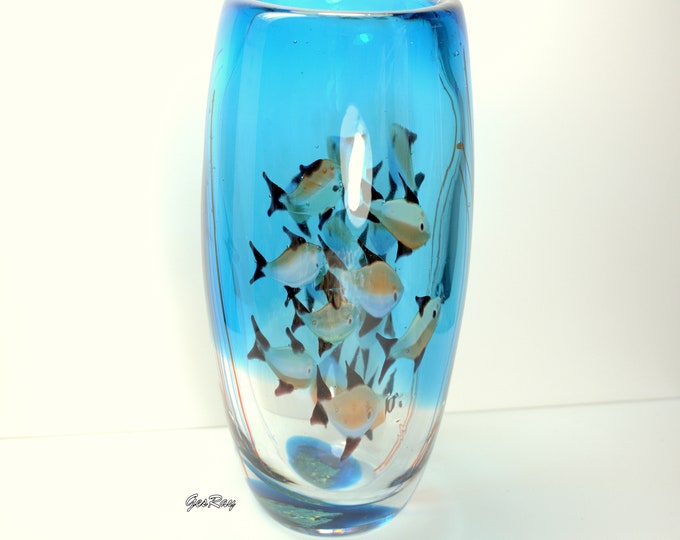 Vintage Murano Glass Aquarium Vase Teal Green Fishes by Barbini, Italy