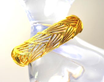 MONET Cuff Bangle Hinged Bracelet Filigree Textured Gold Vintage