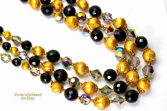 Vendome Multi Strand Necklace. AB Gold Black Czech Crystal Beaded Necklace Unsigned
